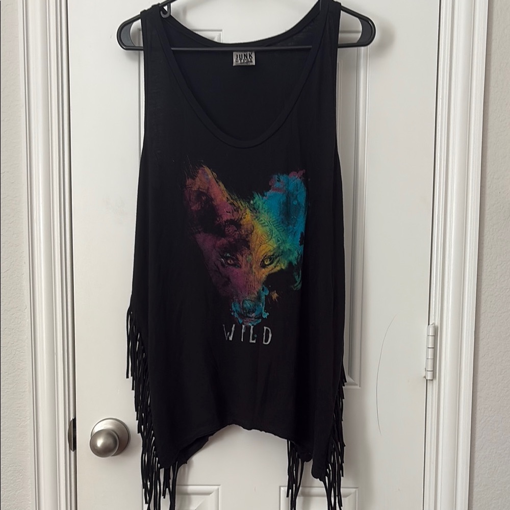 Black Fringe Tank Top with Colorful Wolf Design